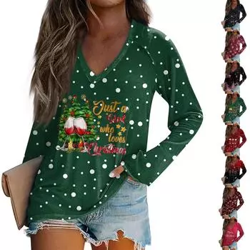 Женская повседневная мода рождественский графический принт повседневный принт длинный рукав V-образный вырез пуловер топ блузка L