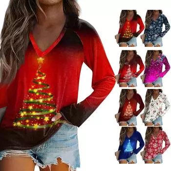Женская повседневная мода рождественский графический принт повседневный принт длинный рукав О-образный вырез пуловер топ блузка M