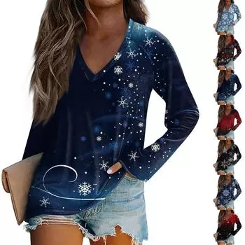 Женская повседневная мода рождественский графический принт повседневный принт длинный рукав V-образный вырез пуловер топ блузка M чёрный