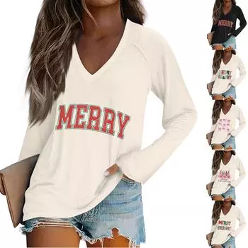 Женская повседневная мода рождественский графический принт повседневный принт длинный рукав О-образный вырез пуловер топ блузка M бежевый