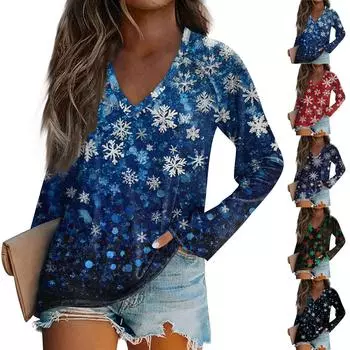 Женская повседневная мода рождественский графический принт повседневный принт длинный рукав V-образный вырез пуловер топ блузка XL чёрный