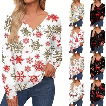 Женская повседневная мода рождественский олень длинный рукав манжеты пуговицы рубашка V-образный вырез повседневные свободные футболки топы L тёмно-синий
