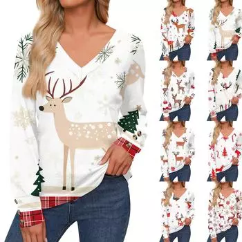 Женская повседневная мода рождественский олень длинный рукав манжеты пуговицы рубашка V-образный вырез повседневные свободные футболки топы XL киноварь