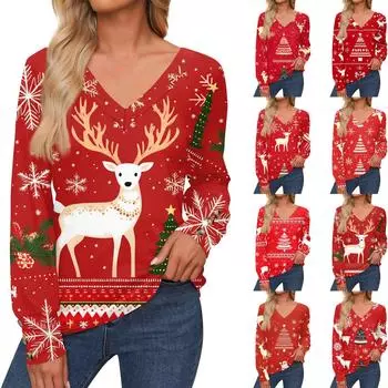 Женская повседневная мода рождественский олень и рождественская елка с длинным рукавом манжеты на пуговицах рубашка V-образный вырез повседневные свободные футболки топы M розовый