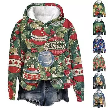 Женская повседневная мода рождественский принт длинный рукав O-образный вырез пуловер толстовки XXXL