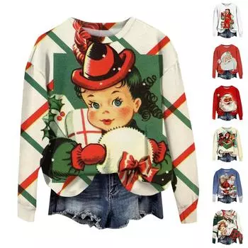 Женская повседневная мода рождественский принт длинный рукав O-образный вырез пуловер толстовки XXL синий