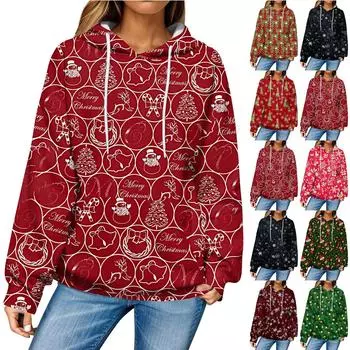 Женская повседневная мода рождественский принт длинный рукав пуловер толстовки с капюшоном свитшоты L кофейный