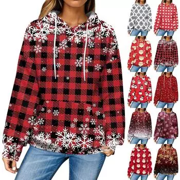 Женская повседневная мода рождественский принт длинный рукав пуловер толстовки с капюшоном свитшоты L темно-синий