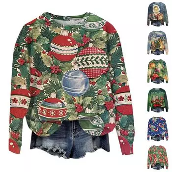 Женская повседневная мода рождественский принт длинный рукав O-образный вырез пуловер толстовки S