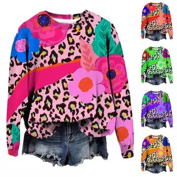 Женская повседневная мода рождественский принт длинный рукав O-образный вырез пуловер толстовки XXXL фиолетовый