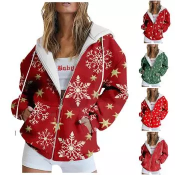 Женская повседневная мода рождественский принт длинный рукав пуловер толстовки с капюшоном на молнии пальто M винный