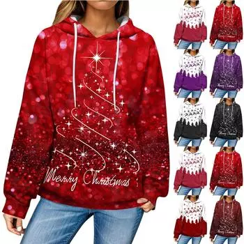 Женская повседневная мода рождественский принт длинный рукав пуловер толстовки с капюшоном свитшоты S чёрный