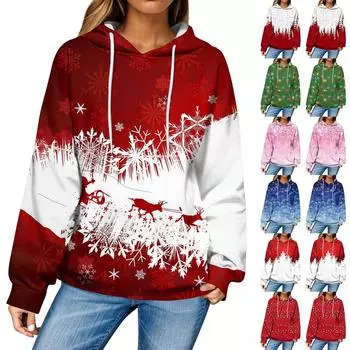 Женская повседневная мода рождественский принт длинный рукав пуловер толстовки с капюшоном свитшоты M зелёный