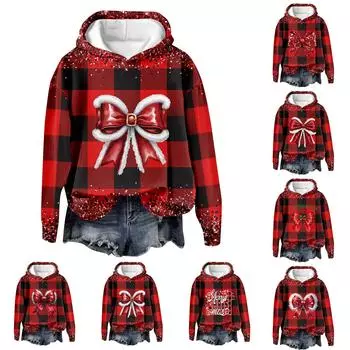 Женская повседневная мода рождественский принт длинный рукав O-образный вырез пуловер толстовки S киноварь