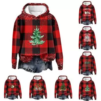 Женская повседневная мода рождественский принт длинный рукав O-образный вырез пуловер толстовки XXL зелёный