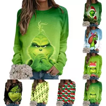 Женская повседневная мода рождественский принт длинный рукав свитер повседневная толстовка XXL армия зеленый