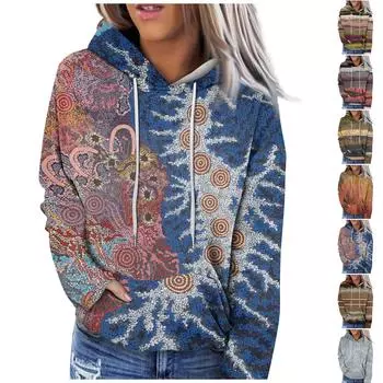 Женская повседневная мода с цветочным принтом и длинным рукавом, пуловер с капюшоном, топ L синий