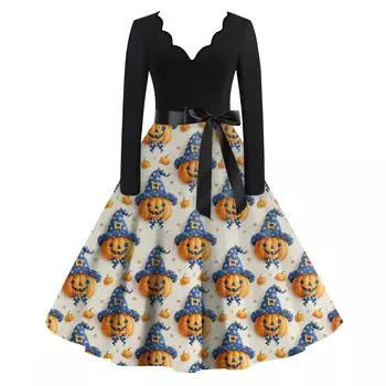 Женская повседневная мода с длинным рукавом Хэллоуин принт винтажные длинные платья осень L бежевый