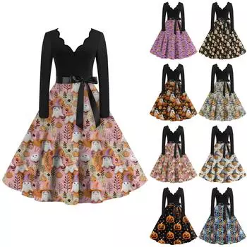 Женская повседневная мода с длинным рукавом Хэллоуин принт винтажные длинные платья осень XXL фиолетовый