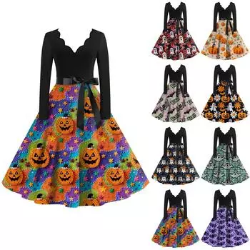 Женская повседневная мода с длинным рукавом Хэллоуин принт винтажные длинные платья осень L синий