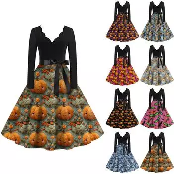 Женская повседневная мода с длинным рукавом Хэллоуин принт винтажные длинные платья осень L чёрный