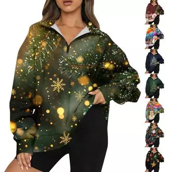 Женская повседневная мода с длинным рукавом и принтом, свободный свитшот на молнии L армия зеленый