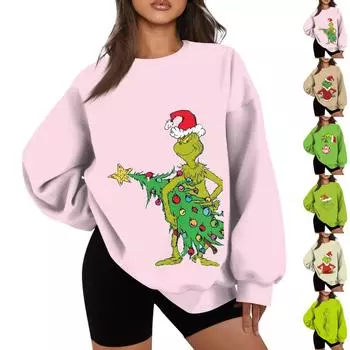 Женская повседневная мода с длинным рукавом и принтом, с круглым вырезом, свободная толстовка L армия зеленый