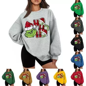 Женская повседневная мода с длинным рукавом и принтом Grinchmas с круглым вырезом L фиолетовый