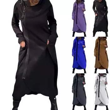 Женская повседневная мода с длинным рукавом и карманом, кардиган с капюшоном, длинный плащ L чёрный