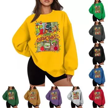 Женская повседневная мода с длинным рукавом и принтом Grinchmas с круглым вырезом L чёрный