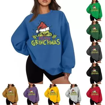 Женская повседневная мода с длинным рукавом и принтом Grinchmas с круглым вырезом L чёрный