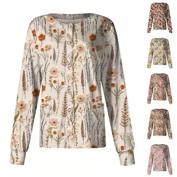 Женская повседневная мода с длинным рукавом и стоячими лацканами, однобортная винтажная цветочная набивная рабочая куртка, топы L бежевый