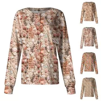 Женская повседневная мода с длинным рукавом и стоячими лацканами, однобортная винтажная цветочная набивная рабочая куртка, топы L бежевый