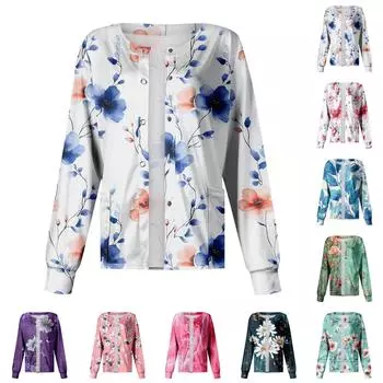 Женская повседневная мода с длинным рукавом и воротником-стойкой, однобортный пиджак с растительным принтом, верхняя часть L чёрный