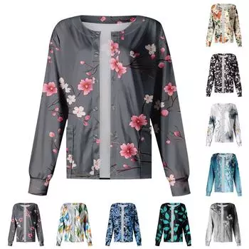 Женская повседневная мода с длинным рукавом и воротником-стойкой, однобортный пиджак с растительным принтом, верхняя часть XL