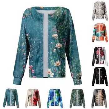 Женская повседневная мода с длинным рукавом и воротником-стойкой, однобортный пиджак с растительным принтом, верхняя часть XXL чёрный