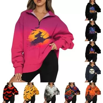 Женская повседневная мода с длинным рукавом и принтом, свободный свитшот на молнии XXL оранжевый