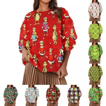 Женская повседневная мода с длинным рукавом и принтом, с круглым вырезом, свободная толстовка M зелёный