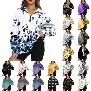 Женская повседневная мода с длинным рукавом и принтом, свободный свитшот на молнии L синий