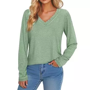 Женская повседневная мода с длинным рукавом, однотонная кружевная отделка, V-образный вырез, облегающий топ с Т-образными рукавами L армия зеленый