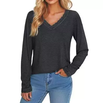 Женская повседневная мода с длинным рукавом, однотонная кружевная отделка, V-образный вырез, облегающий топ с Т-образными рукавами M