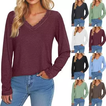 Женская повседневная мода с длинным рукавом, однотонная кружевная отделка, V-образный вырез, облегающий топ с Т-образными рукавами M чёрный