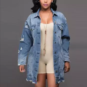 Женская повседневная мода с длинными рукавами плюс размер темное джинсовое пальто с дырками M синий