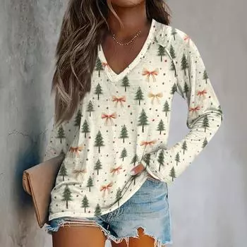 Женская повседневная мода с графическим принтом, винтажный повседневный принт, длинный рукав, V-образный вырез, пуловер, топ, блузка L бежевый