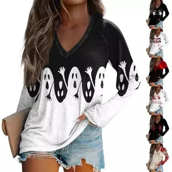 Женская повседневная мода с графическим принтом, винтажный повседневный принт, длинный рукав, О-образный вырез, пуловер, топ, блузка L чёрный