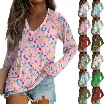 Женская повседневная мода с графическим принтом, винтажный повседневный принт, длинный рукав, V-образный вырез, пуловер, топ, блузка XXL коричневый