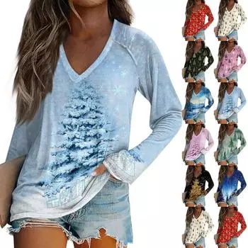 Женская повседневная мода с графическим принтом, винтажный повседневный принт, длинный рукав, V-образный вырез, пуловер, топ, блузка L