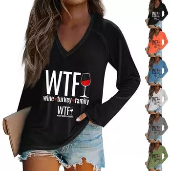 Женская повседневная мода с графическим принтом, винтажный повседневный принт, длинный рукав, V-образный вырез, пуловер, топ, блузка, Рождество L армия зеленый