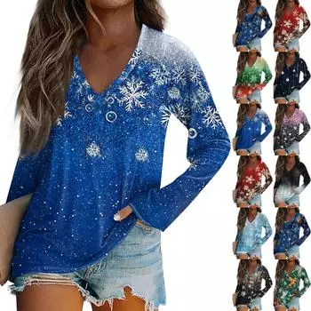 Женская повседневная мода с графическим принтом, винтажный повседневный принт, длинный рукав, V-образный вырез, пуловер, топ, блузка XL чёрный