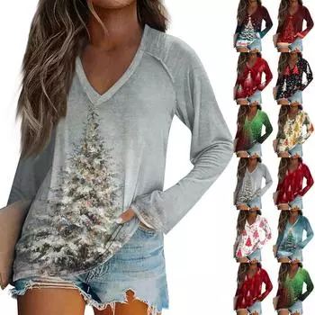 Женская повседневная мода с графическим принтом, винтажный повседневный принт, длинный рукав, V-образный вырез, пуловер, топ, блузка S